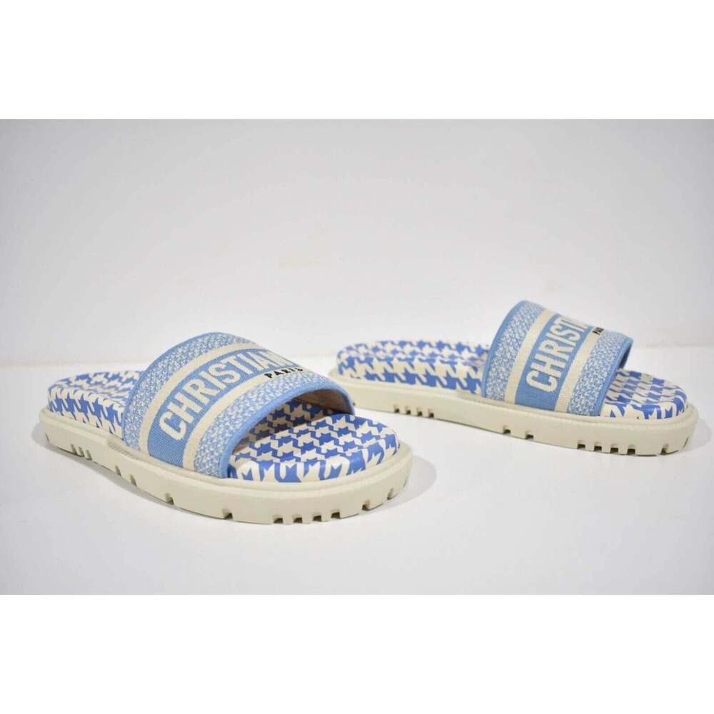 Christian Dior Dway Blue White Logo Houndstooth Slide Mule Flat Flop Sandal 37.5 - Picture 4 of 12